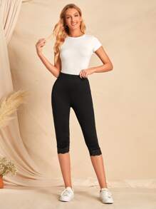 EMERY ROSE High Waist Lace Trim Leggings - Black - View 4