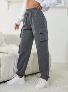 INAWLY Solid Pocket Patched Elastic Waist Joggers - Dark Grey - View 3