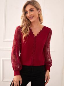 SHEIN Áo sơ mi nữ Tương phản ren màu trơn Thanh lịch - Màu Đỏ Sâu - Xem 1