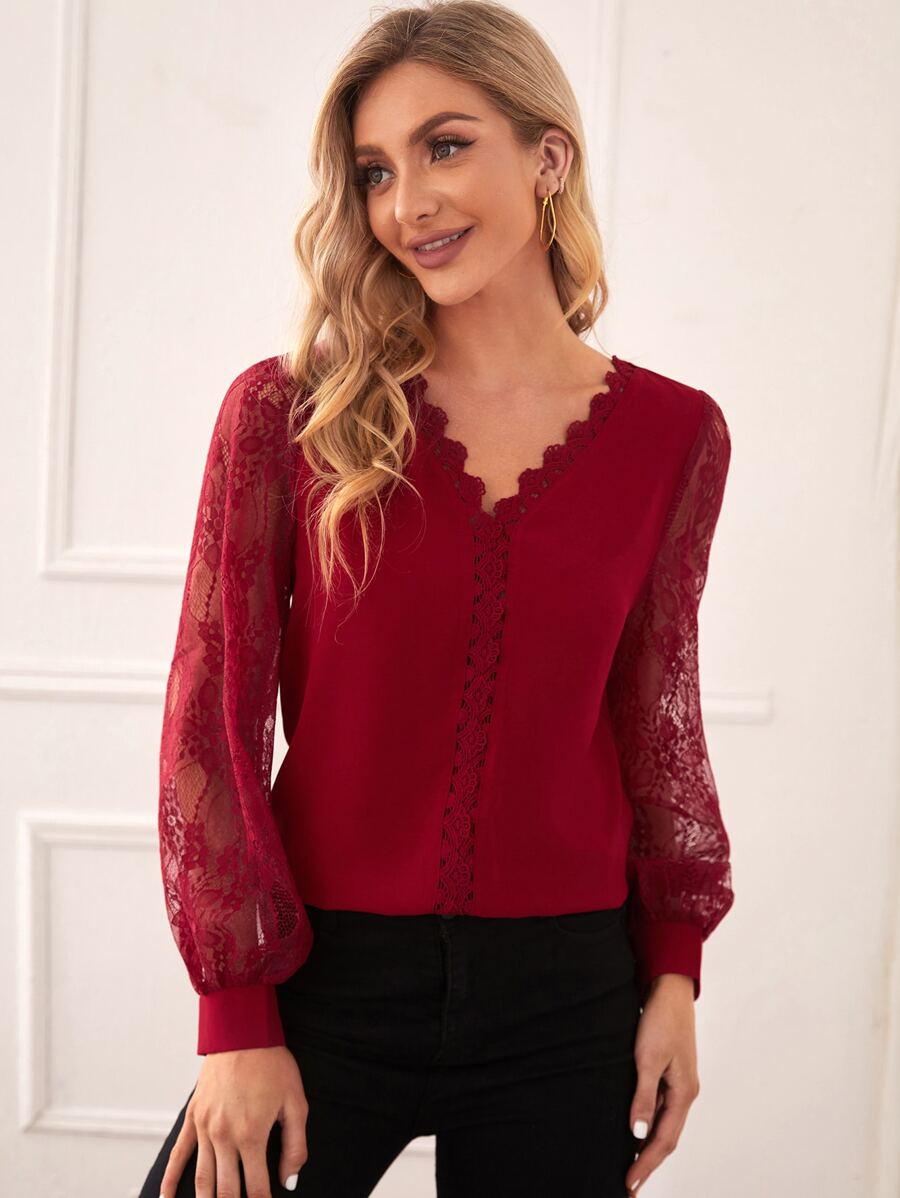 SHEIN Áo sơ mi nữ Tương phản ren màu trơn Thanh lịch - Màu Đỏ Sâu - Xem 1