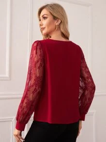 SHEIN Áo sơ mi nữ Tương phản ren màu trơn Thanh lịch - Màu Đỏ Sâu - Xem 2
