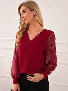 SHEIN Áo sơ mi nữ Tương phản ren màu trơn Thanh lịch - Màu Đỏ Sâu - Xem 3