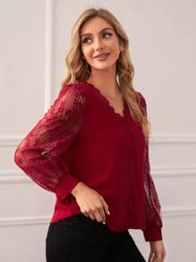 SHEIN Áo sơ mi nữ Tương phản ren màu trơn Thanh lịch - Màu Đỏ Sâu - Xem 4