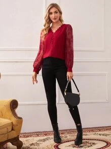 SHEIN Áo sơ mi nữ Tương phản ren màu trơn Thanh lịch - Màu Đỏ Sâu - Xem 5