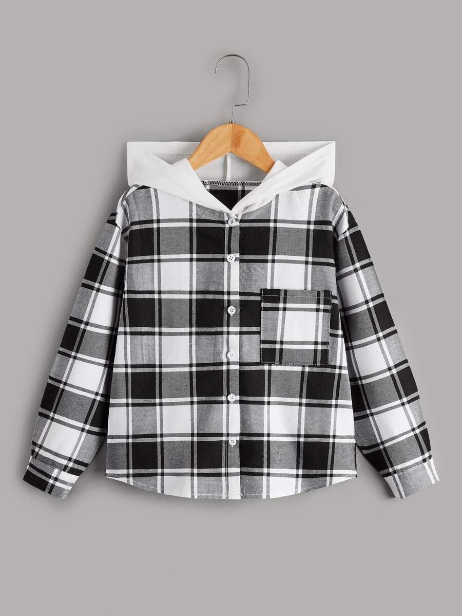 Girls Plaid Patched Pocket Hooded Coat - Black and White - View 1