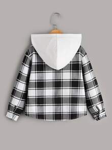 Girls Plaid Patched Pocket Hooded Coat - Black and White - View 2