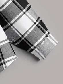 Girls Plaid Patched Pocket Hooded Coat - Black and White - View 3