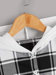 Girls Plaid Patched Pocket Hooded Coat - Black and White - View 4