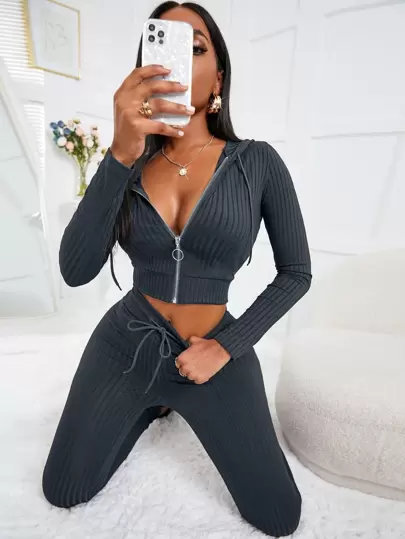 Zolique Rib-Knit O-Ring Zipper Drawstring Hoodie & Leggings Fall Cloth For Women