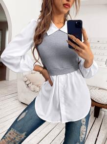 SHEIN Unity Colourblock Lantern Sleeve 2 In 1 Top - Light Grey - View 1