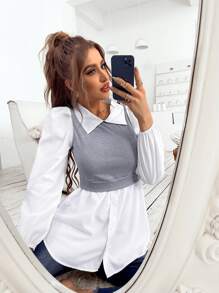 SHEIN Unity Colourblock Lantern Sleeve 2 In 1 Top - Light Grey - View 3