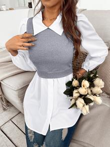 SHEIN Unity Colourblock Lantern Sleeve 2 In 1 Top - Light Grey - View 4