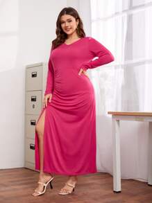 Plus Ruched Split Thigh Dress - Hot Pink - View 3