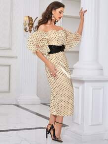 Modelyn Đầm Thắt lưng Chia phân lớp Dây kéo Chấm bi Thanh lịch - Màu be - Xem 4