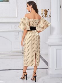 Modelyn Đầm Thắt lưng Chia phân lớp Dây kéo Chấm bi Thanh lịch - Màu be - Xem 2