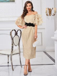 Modelyn Đầm Thắt lưng Chia phân lớp Dây kéo Chấm bi Thanh lịch - Màu be - Xem 3