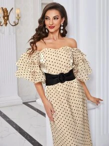 Modelyn Đầm Thắt lưng Chia phân lớp Dây kéo Chấm bi Thanh lịch - Màu be - Xem 5