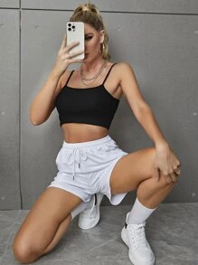 Shorts deportivos unicolor de cintura con cordón - Blanco - Ver 6