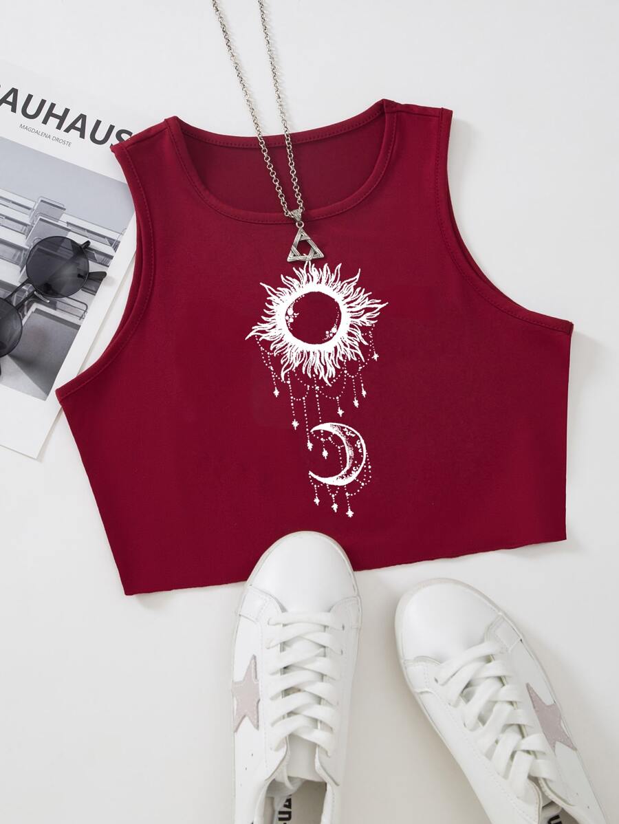 SHEIN Unity Sun And Moon Print Crop Tank Top - Burgundy - View 1