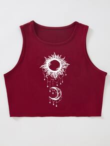 SHEIN Unity Sun And Moon Print Crop Tank Top - Burgundy - View 6