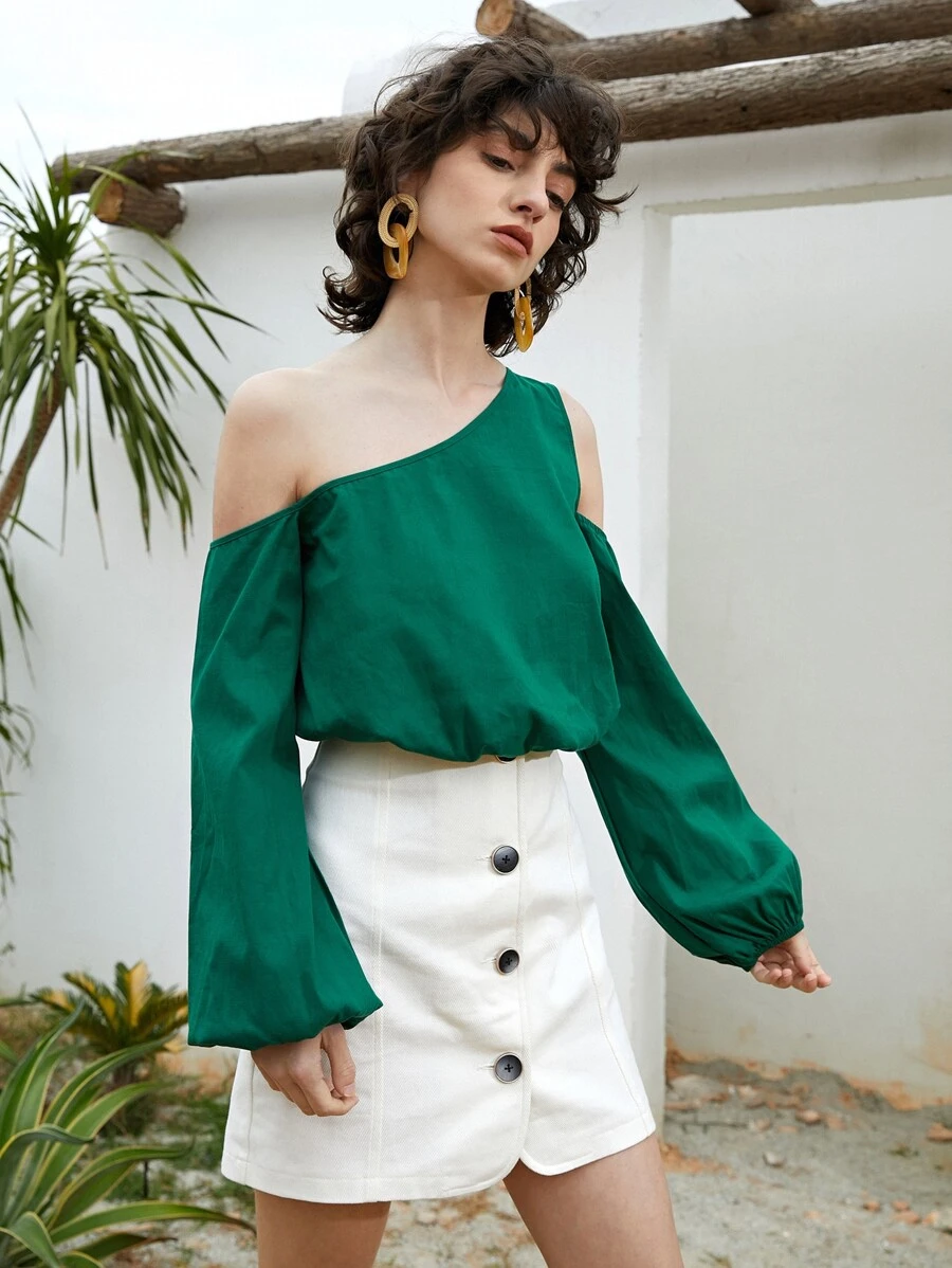 SHEIN Asymmetrical Neck Lantern Sleeve Cut Out Top - Green - View 1