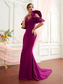 SHEIN Belle Exaggerated Ruffle Cut-Out Fishtail Hem Dress, Semi Formal Prom Dress, For Birthday, Wedding Guest, Graduation Homecoming - Red Violet - View 3