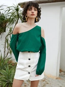 SHEIN Asymmetrical Neck Lantern Sleeve Cut Out Top - Green - View 3