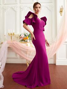 SHEIN Belle Exaggerated Ruffle Cut-Out Fishtail Hem Dress, Semi Formal Prom Dress, For Birthday, Wedding Guest, Graduation Homecoming - Red Violet - View 4