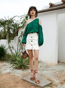 SHEIN Asymmetrical Neck Lantern Sleeve Cut Out Top - Green - View 4