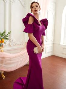 SHEIN Belle Exaggerated Ruffle Cut-Out Fishtail Hem Dress, Semi Formal Prom Dress, For Birthday, Wedding Guest, Graduation Homecoming - Red Violet - View 5