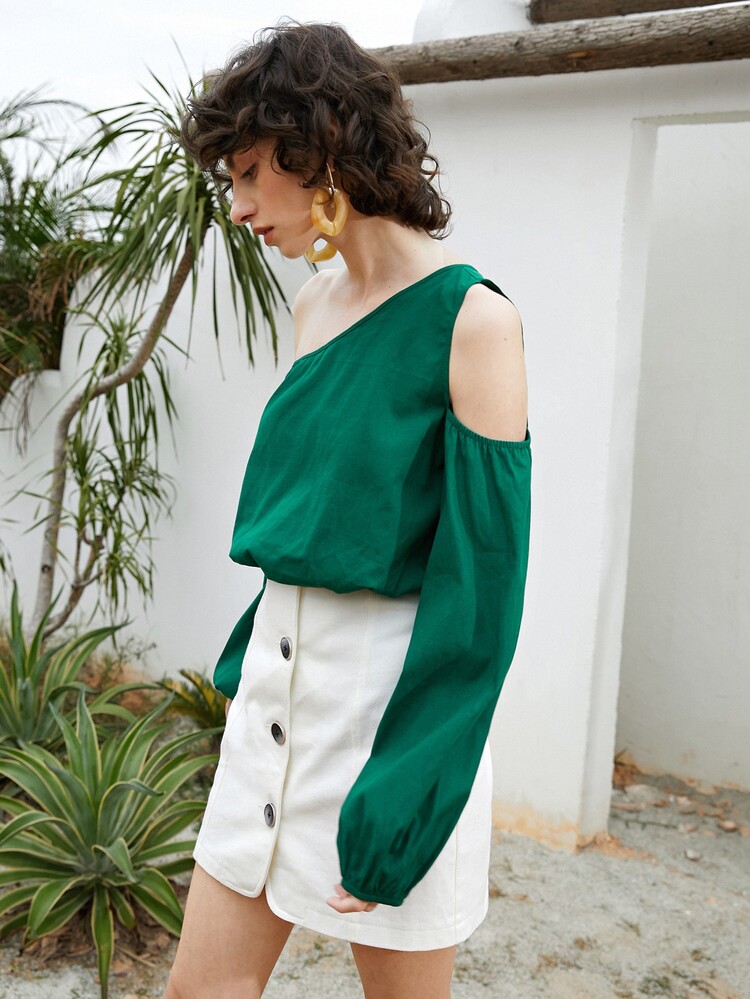 SHEIN Asymmetrical Neck Lantern Sleeve Cut Out Top - Green - View 5