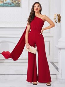 Modelyn Burgundy Red One Shoulder Extra-Long Sleeve Jumpsuit - Burgundy - View 3
