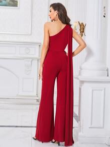 Modelyn Burgundy Red One Shoulder Extra-Long Sleeve Jumpsuit - Burgundy - View 2