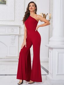 Modelyn Burgundy Red One Shoulder Extra-Long Sleeve Jumpsuit - Burgundy - View 4