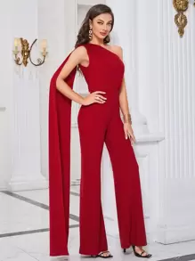 Modelyn Burgundy Red One Shoulder Extra-Long Sleeve Jumpsuit - Burgundy - View 1