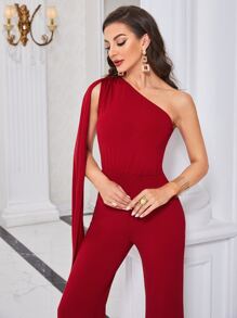 Modelyn Burgundy Red One Shoulder Extra-Long Sleeve Jumpsuit - Burgundy - View 5