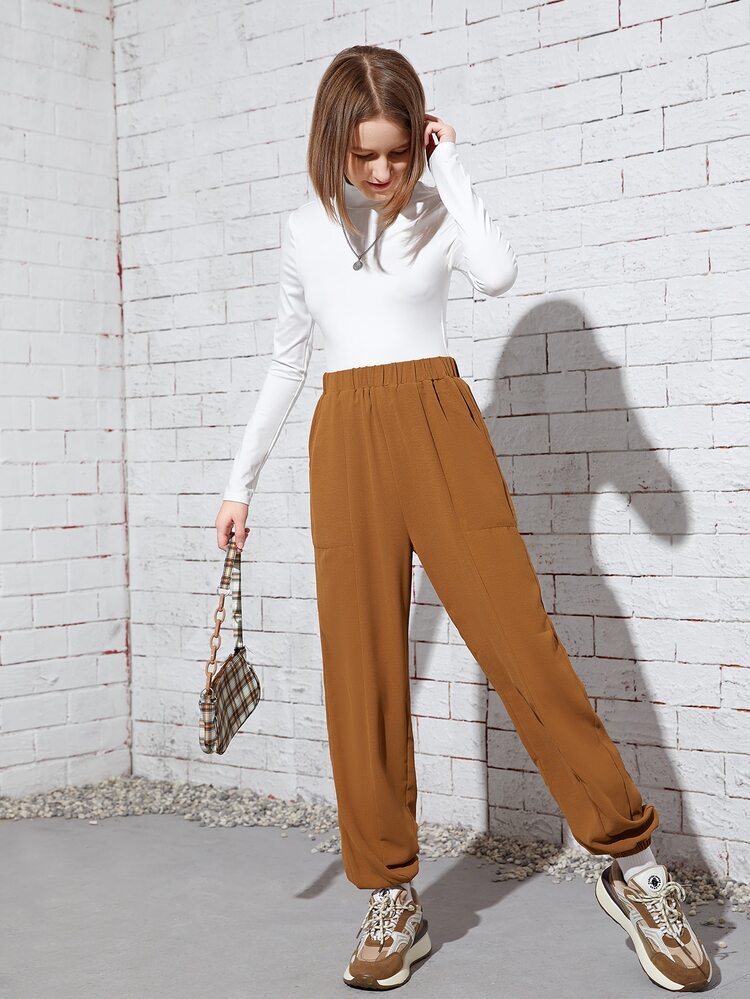 SHEIN Chicas adolescentes Pantalones de cintura elástica - Camel - Añade 4