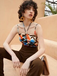 SHEIN VCAY Tie Dye Cut Out Front Halter Bodysuit - Multicolor - View 1