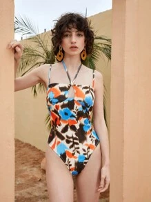 SHEIN VCAY Tie Dye Cut Out Front Halter Bodysuit - Multicolor - View 4