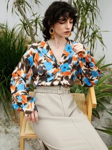 SHEIN VCAY 缺口領花卉圖案紮染襯衫 - 彩色 - 查看 1