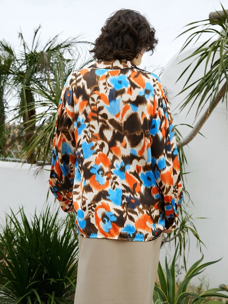 Notched Collar Floral Tie Dye Blouse