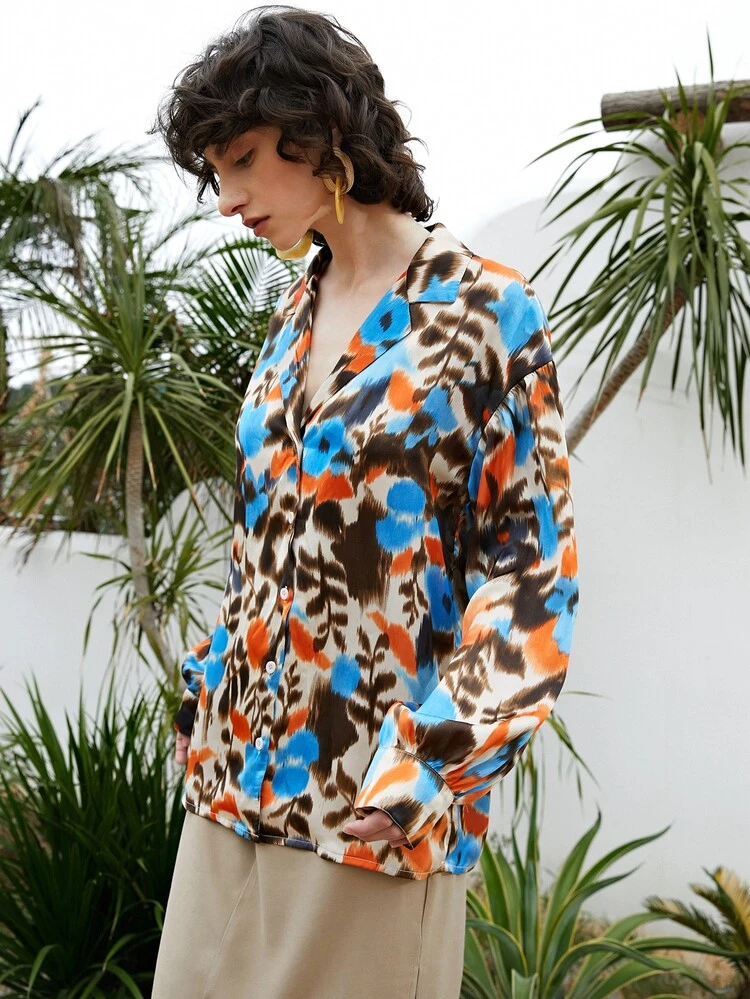 Notched Collar Floral Tie Dye Blouse