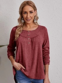 SHEIN Button Front Solid Tee - Redwood - View 1