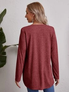 SHEIN Button Front Solid Tee - Redwood - View 2