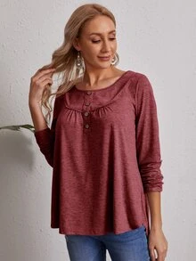 SHEIN Button Front Solid Tee - Redwood - View 3