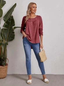 SHEIN Button Front Solid Tee - Redwood - View 4