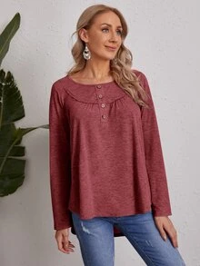 SHEIN Button Front Solid Tee - Redwood - View 5