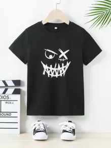 男孩表情圖案T恤 - 黑色 - 查看 1