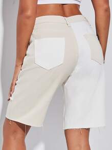 毛邊高腰拼塊牛仔短褲 - 彩色 - 查看 1