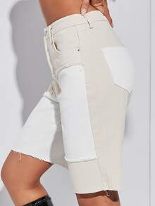 毛邊高腰拼塊牛仔短褲 - 彩色 - 查看 4